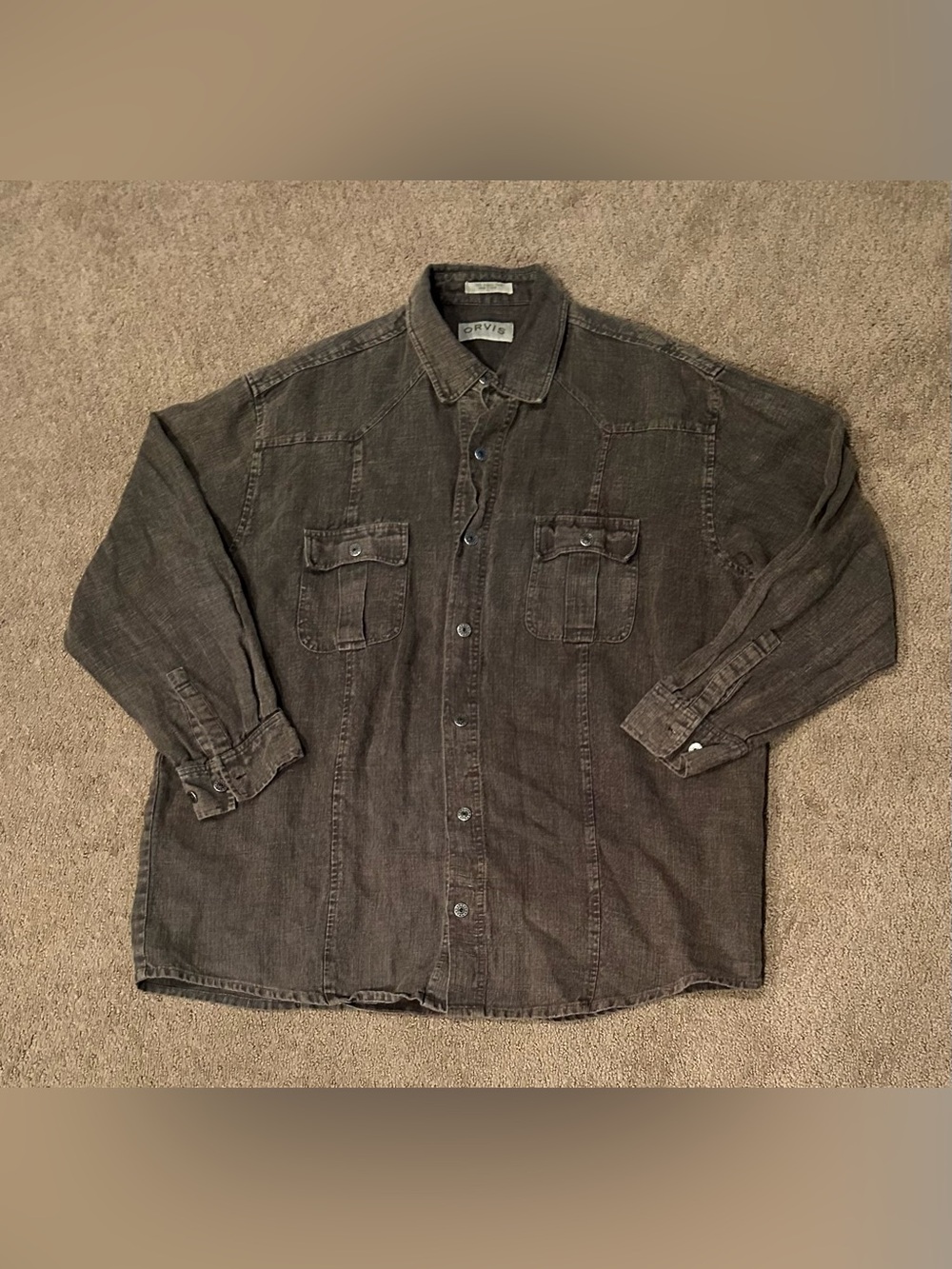 Orvis Shirt Mens XL Organic Hemp Washed Button Front Long Sleeve Brown/Gray